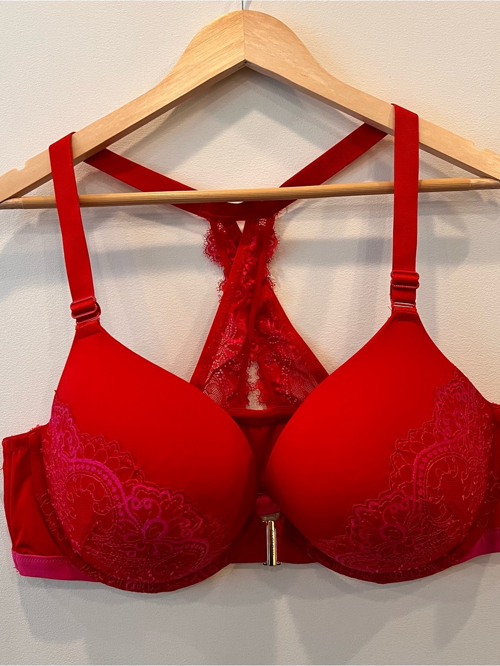 Cacique Lace Racerback Boost Push-up Plunge Bra Front Clasp Red Pink 46D EUC